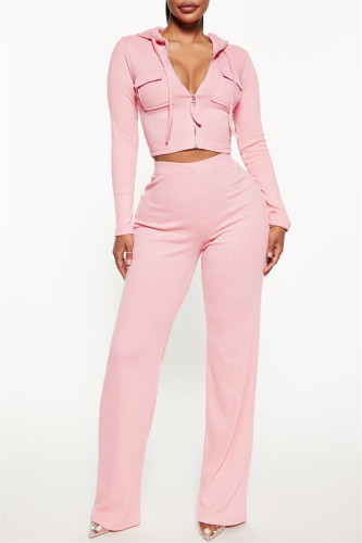 Pink Casual Solid Patchwork Zipper Collar Long Sleeve Two Pieces