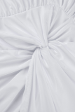 ホワイト カジュアル ソリッド フォールド Vネック ウエスト スカート ドレス