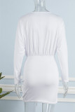 ホワイト カジュアル ソリッド フォールド Vネック ウエスト スカート ドレス