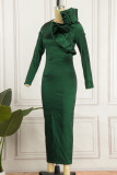 Чернильно-зеленые элегантные однотонные лоскутные платья с оборкой и круглым вырезом на одну ступеньку-юбку