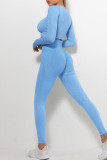 Ярко-синий Повседневная спортивная одежда Однотонный Пэчворк О-образный вырез Длинный рукав Из двух частей