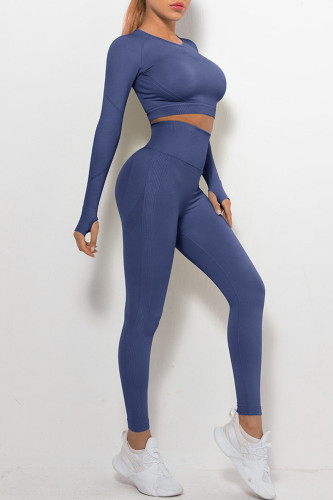 Dark Blue Casual Sportswear Solid Patchwork O Neck Long Sleeve Two Pieces