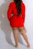 Red Sexy Casual Solid Basic Turndown Collar Long Sleeve Two Pieces