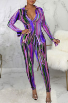 Purple Sexy Print Bandage Patchwork Buckle Turndown Collar Long Sleeve Two Pieces