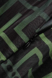 Schwarz-grüner, sexy, bedruckter, durchsichtiger, schmaler Strampler mit Reißverschlusskragen und Patchwork