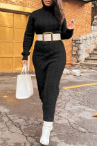 Black Casual Solid Patchwork Turtleneck Straight Dresses(Without Belt)