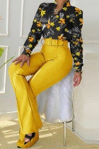 Yellow Casual Print Patchwork Buckle Mandarin Collar Long Sleeve Two Pieces