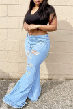 Baby Blue Casual Solid Ripped High Waist Regular Denim Jeans