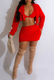 Red Sexy Casual Solid Basic Turndown Collar Long Sleeve Two Pieces