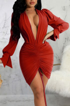 Rouge Sexy Solide Patchwork Draw String Fold V Neck Pencil Jupe Robes