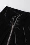 Черный повседневный сплошной лоскутный воротник на молнии с длинным рукавом из двух частей