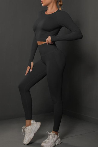 Black Casual Sportswear Solid Patchwork O Neck Long Sleeve Two Pieces