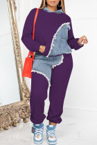 Púrpura casual patchwork bolsillo cuello con capucha manga larga dos piezas