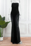 Zwarte sexy effen patchwork doorschijnende strapless lange jurk jurken