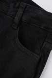 Jeans jeans preto casual rasgado patchwork cintura alta com corte de bota