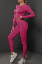 Розово-красная Повседневная спортивная одежда Однотонный Пэчворк О-образный вырез Длинный рукав Из двух частей