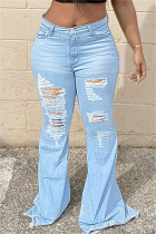 Babyblauwe casual effen gescheurde regular denim jeans met hoge taille