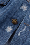 Jaqueta jeans reta com gola dobrada manga curta casual azul escuro sólido rasgado