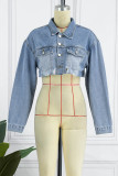 Babyblauw casual effen gescheurd patchwork-vest Turndown-kraag Regular-denimjack met lange mouwen