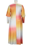 Pink Orange Casual Not Positioning Printed Tie-dye O Neck Long Sleeve Plus Size Dresses