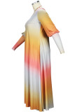 Pink Yellow Casual Not Positioning Printed Tie-dye O Neck Long Sleeve Plus Size Dresses