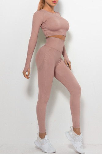 Pink Casual Sportswear Solid Patchwork O Neck Long Sleeve Two Pieces