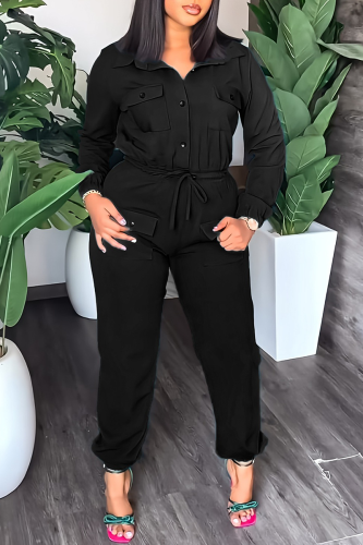 Black Street Solid Draw String Turndown Collar Long Sleeve Two Pieces