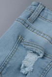 Ljusblå Casual Solid Ripped Patchwork Vanliga jeans med hög midja