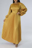 Rose Red Casual Solid Patchwork O Neck Long Sleeves Pleated Dresses (Without Belt)