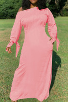 Розовые повседневные сплошные бинты Пэчворк с круглым вырезом Прямые платья