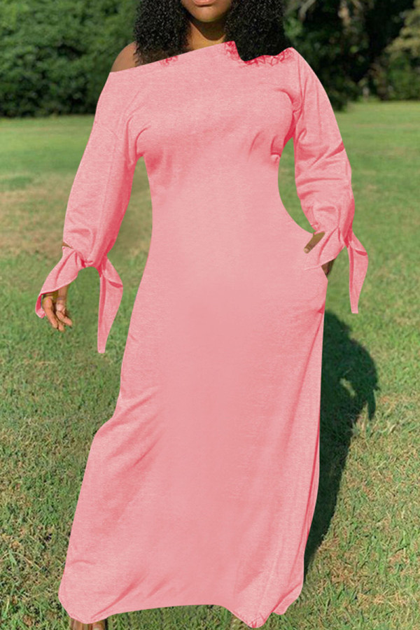 Pink Casual Solid Bandage Patchwork O Neck Straight Dresses