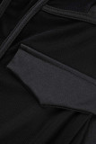 Schwarzer, sexy, fester Patchwork-Reißverschluss mit quadratischem Kragen, langen Ärmeln, zweiteilig