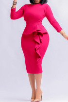 Vestidos de saia de um passo casuais elegantes de patchwork sólido com babados e decote rosa vermelho