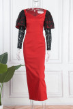 Vestido de noche de cuello cuadrado de patchwork sólido elegante rojo Vestidos