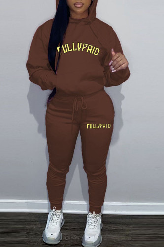 Brown Casual Letter Print O Neck Long Sleeve Hooded Collar Sweatshirt And Skinny Pants Sportwear Two Pieces Jogger Sets