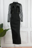 Svarta Elegant Solid Patchwork O Neck Aftonklänning Klänningar