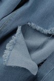Темно-синие повседневные однотонные рваные лоскутные джинсы с высокой талией стандартного кроя