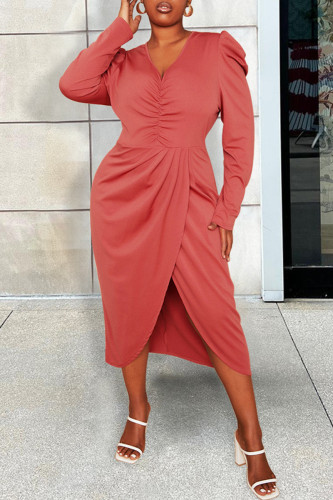 Orange Casual Solid Patchwork V Neck Long Sleeve Plus Size Dresses