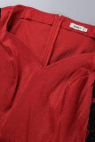 Rotes elegantes solides Patchwork-Abendkleid mit quadratischem Kragen