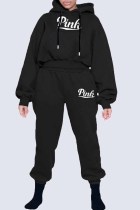 Black Casual Letter Patchwork Hooded Collar Long Sleeve Two Pieces