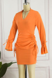 Orange Casual Solid Make Old Draw String Fold V Neck One Step Jupe Robes