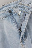 Голубые повседневные однотонные рваные джинсы больших размеров в стиле пэчворк