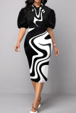 Negro elegante estampado vendaje patchwork cuello asimétrico falda de un paso vestidos