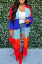 Red Blue Casual Patchwork Cardigan Collar Outerwear