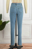 Deep Blue Casual Solid Patchwork High Waist Regular Ripped Denim Jeans