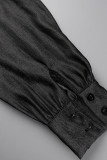 Schwarze, lässige, solide Patchwork-Schnallen-Umlegekragen-Kleider