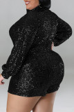 Black Street Solid Sequins Patchwork Turn-back Collar Plus Size Jumpsuits