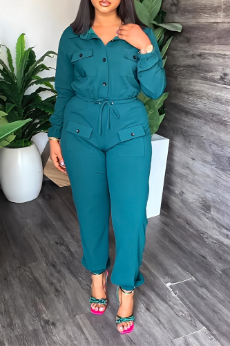 Green Street Solid Draw String Turndown Collar Long Sleeve Two Pieces