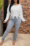 White Casual Solid Tassel Patchwork V Neck Tops