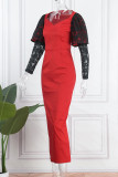 赤のエレガントな固体パッチワーク スクエア カラーのイブニング ドレス ドレス